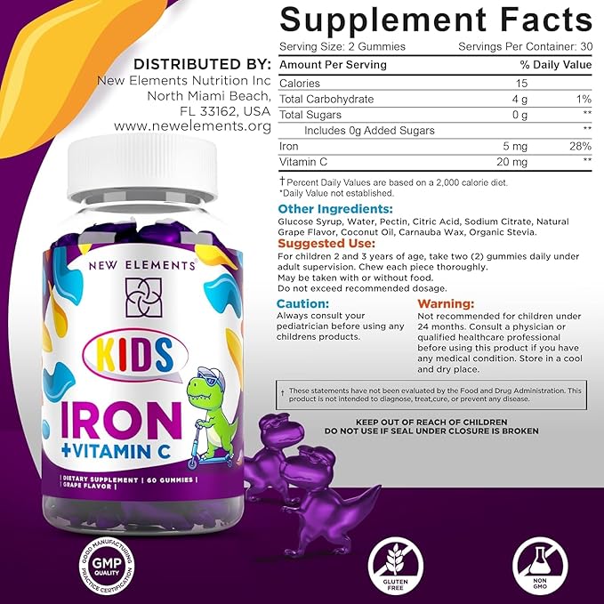 New Elements Iron Dinosaur Gummies for Kids with Vitamin C | Sugar-Free, Vegan, Gluten-Free & Non-GMO | Anemia Relief, Energy & Blood Health Support | Grape Flavor, Pectin-Based for Optimal Health