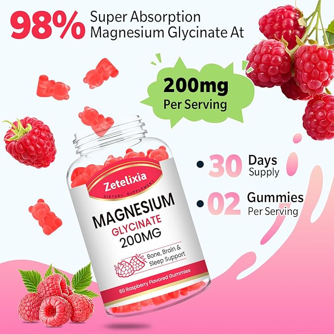 Magnesium Glycinate Gummies, High Absorption Magnesium Glycinate Supplements for Relaxation, Magnesium Chews for Adults and Kids, Raspberry Flavor 60 Count