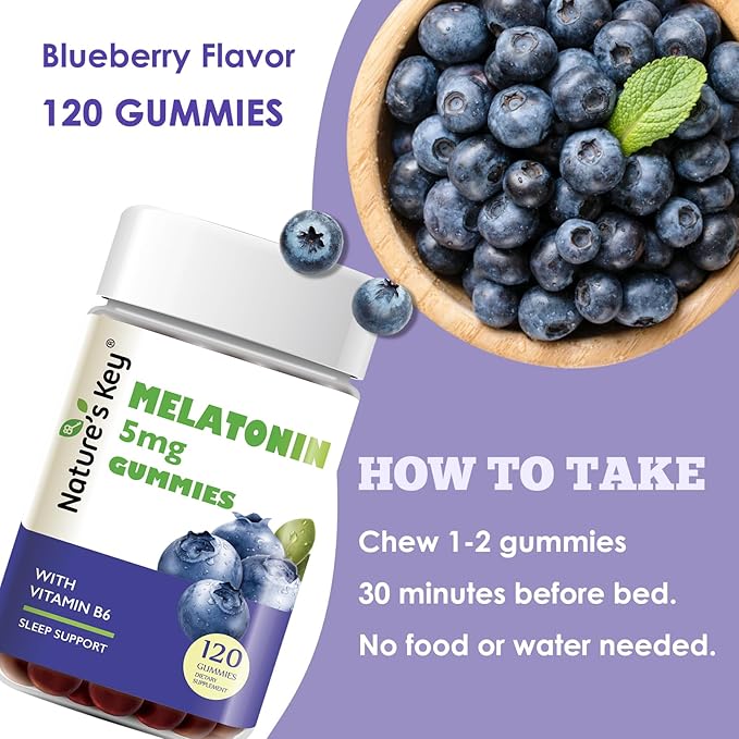 Nature's Key Melatonin Gummies for Kids & Adults, 2.5mg 5mg or 10mg Dose Gummy with Vitamin B6, Natural Blueberry Flavor 120 Ct