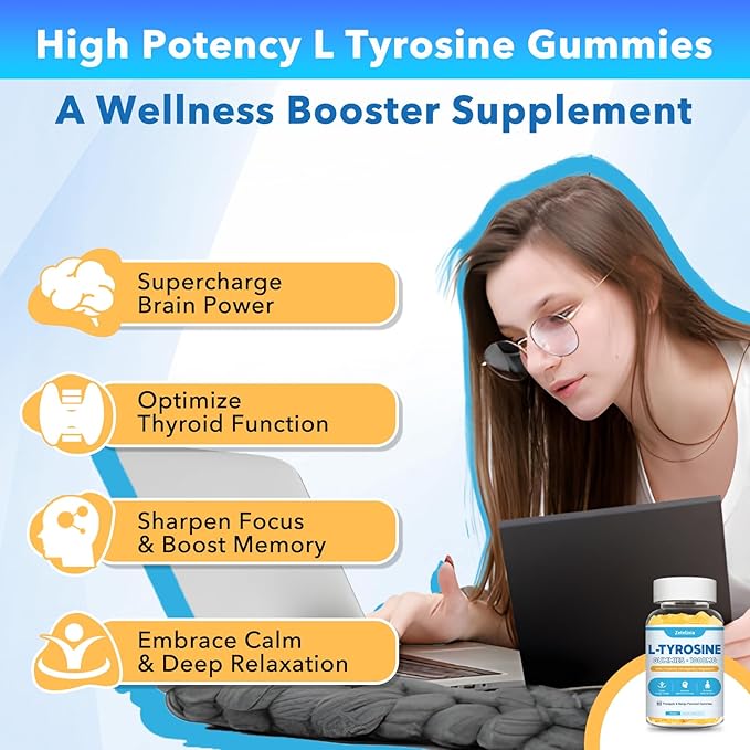 10 in 1 L Tyrosine Gummies, L-Tyrosine Supplement Gummies, L-Theanine with Vitamin B6 D3, Tyrosine Supplement Support Brain, Memory, Energy, Mood for Adult & Kids, Pineapple & Mango Flavor, 60 Ct