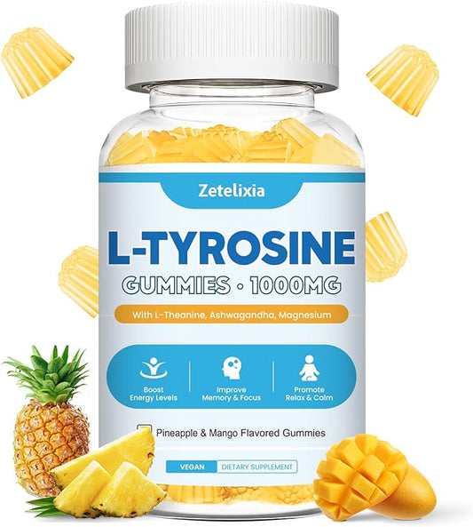 10 in 1 L Tyrosine Gummies, L-Tyrosine Supplement Gummies, L-Theanine with Vitamin B6 D3, Tyrosine Supplement Support Brain, Memory, Energy, Mood for Adult & Kids, Pineapple & Mango Flavor, 60 Ct