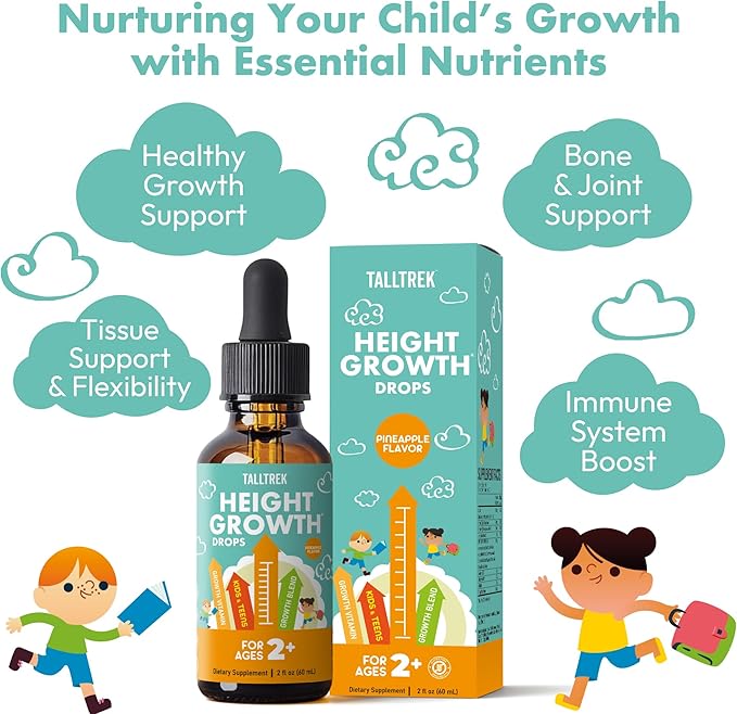 Height Growth Supplement Drops for Kids - Teens Bone Growth Height Increase and Maximizer Immune Health Drops with Vitamins D3 K2 Zinc & Calcium - Gluten Free Vegan Pineapple Flavor
