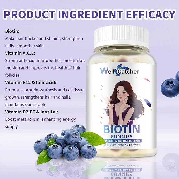 Biotin Gummies for Hair Growth - Biotin Gummies for Strong Hair Nail Skin with Multivitamin Sugar Free Vegan Chewable Hair Growth Gummy for Women Men Kids Blueberry Flavored 30-Day Supply