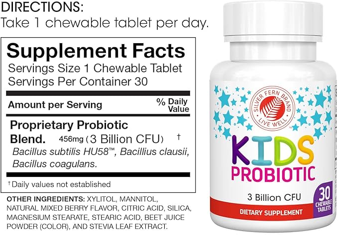 Silver Fern Brand Kids Ultimate Probiotic - 1 Bottle - 30 Chewable Tablets - Sugar & Gluten Free - Children's Dietary Supplement - DNA & Survivability Verified - Digestive & Immune Support