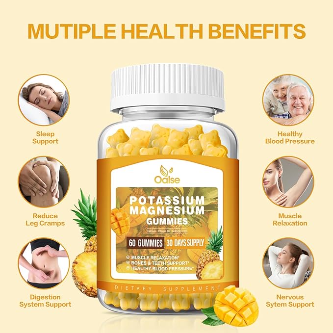 Potassium Magnesium Gummies for Adults Kids, High Absorption Potassium Citrate 99mg Magnesium Citrate 400mg, Chewable Gummy Supplements, Mango Pineapple, 60 Count