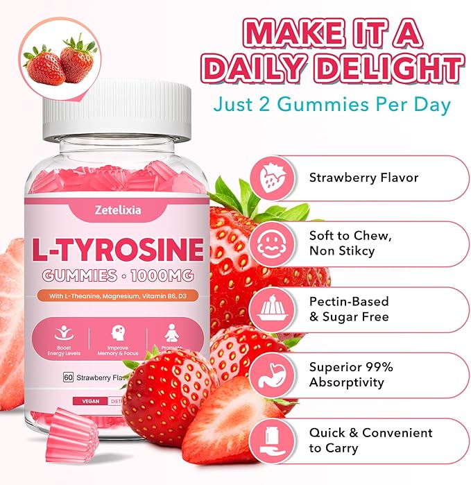 2 Pack 10 in 1 L Tyrosine Gummies, L-Tyrosine Supplement Gummies, L-Theanine with B6 D3, Tyrosine Supplement Support Cognitive, Memory, Energy, Mood for Adult & Kids, Strawberry Flavor, 120 Ct