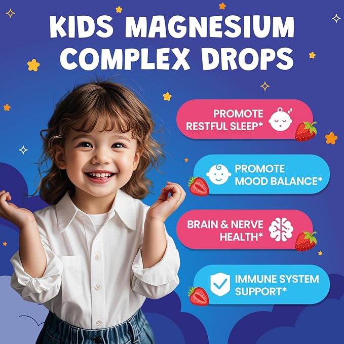 Kids Magnesium Liquid Drops - Magnesium Glycinate Drops for Kids, Citrate Liquid with L-theanine, Chamomile & Vitamin B6 for Sleep, Relaxation, Calm & Focus - Strawberry Flavor, 2 Fl Oz