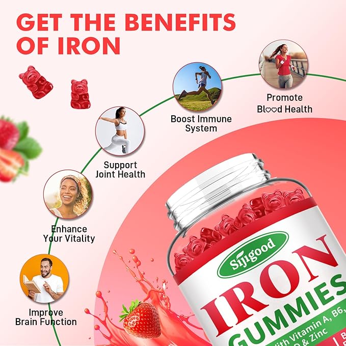 Iron Gummies for Women & Men - Vegan Iron Supplement for Anemia & Iron Deficiency, with Vitamin B12, Vitamin C, Zinc, Folate - Energy Boost, Sugar-Free, Strawberry Flavor, 60 Count