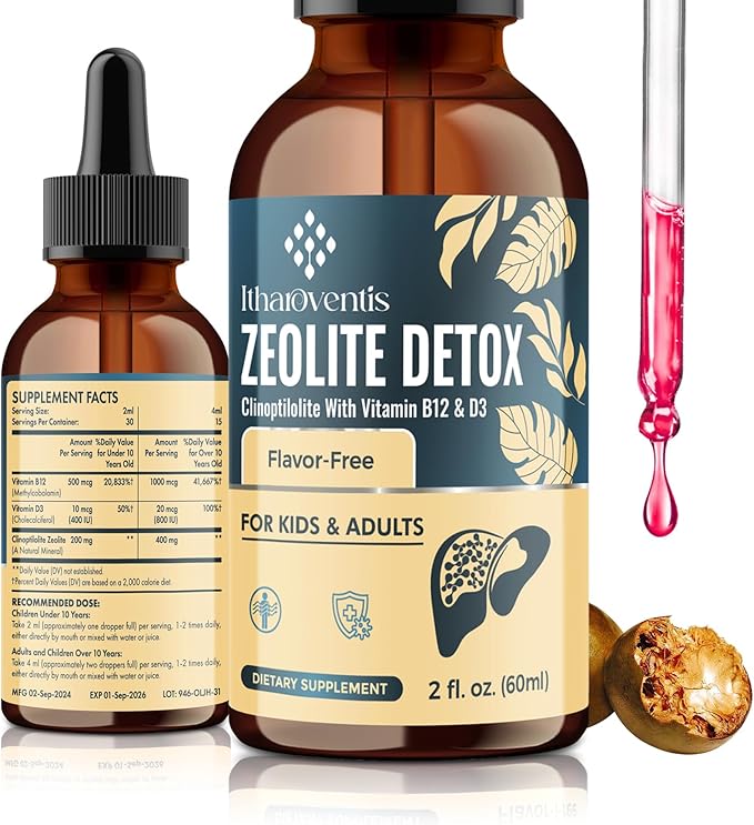 Zeolite Drops for Kids and Adults, Zeolite Clinoptilolite Liquid with Methyl Vitamin B12 & D3, Monk Fruit Flavor, 2 Fl Oz