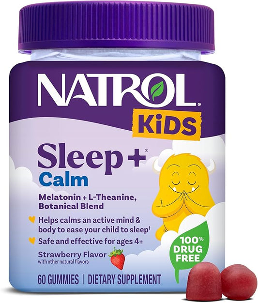 Natrol Kids Sleep+ Calm, Melatonin and L-Theanine, Supplement for Restful Sleep and Calming, Sleep Gummies for Kids, 60 Strawberry-Flavored Melatonin Gummies, 60 Day Supply