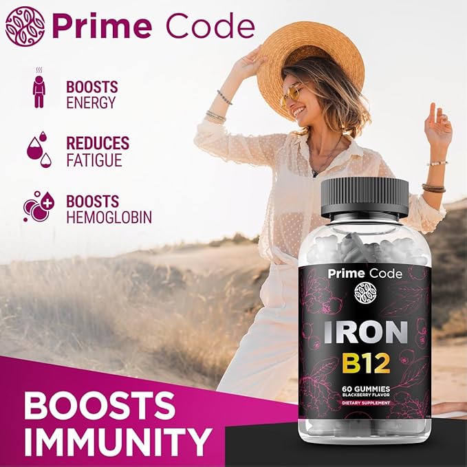 Vitamin B12 Gummies for Women & Men, 20mg Iron Supplement for Adults, Free Blood Builder for Anemia, Vitamin B12 Gummies with Iron & Natural Blackberry Flavor, Vegan, Non-GMO, 30 Day Supply