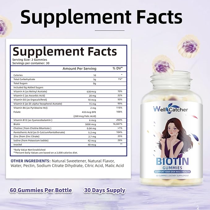 Biotin Gummies for Hair Growth - Biotin Gummies for Strong Hair Nail Skin with Multivitamin Sugar Free Vegan Chewable Hair Growth Gummy for Women Men Kids Blueberry Flavored 60-Day Supply