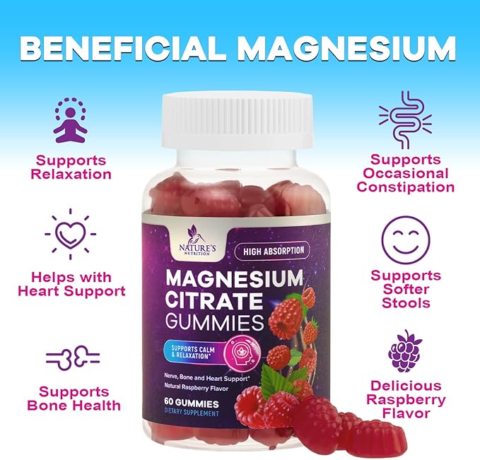 Magnesium Gummies Supplement - High Absorption Magnesium Citrate Supplement for Adults & Kids - Nature's Calm Magnesio Gummy Dietary Supplements for Bone, Muscle Health, Heart Support - 60 Gummies