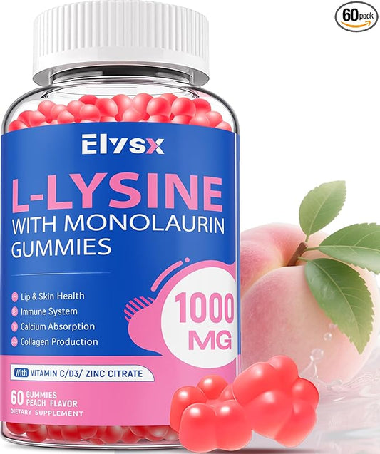 L-Lysine Gummies 1000mg, Sugar-Free Chewable Lysine with Monolaurin Supplement for Adults & Kids, Lips & Oral Health, Immune & Overall Health, Natural Peach Flavor, 60 Count