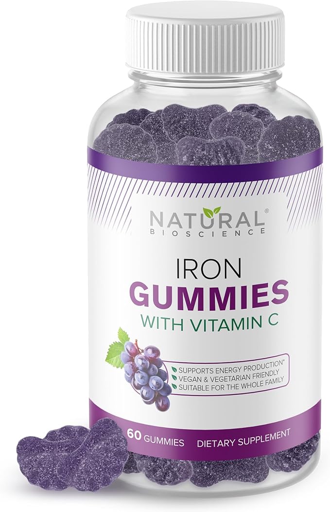 Iron Gummies with Vitamin C - Chewable Iron Supplement for Adults & Kids, Iron Deficiency Anemia, Red Blood Cell Support, Energy, Immune Function, Brain Health, Max Absorption, 60 Vegan Gummies