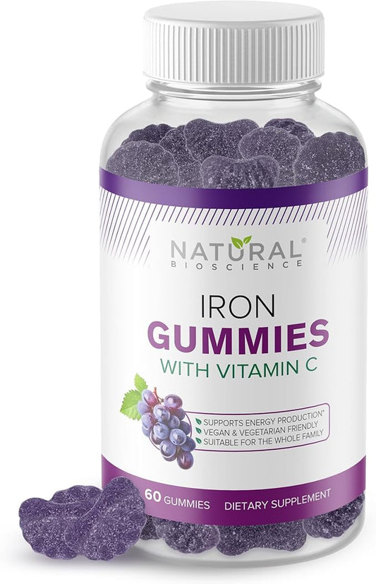 Iron Gummies with Vitamin C - Chewable Iron Supplement for Adults & Kids, Iron Deficiency Anemia, Red Blood Cell Support, Energy, Immune Function, Brain Health, Max Absorption, 60 Vegan Gummies