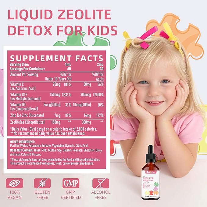 Zeolite Detox for Kids & Adults, 300 mg Zeolite Clinoptilolite Liquid with Vitamin B12 & D3, Vitamin C & Zinc Gluconate, Immune Support & Gut Health, Natural Strawberry Flavor, 2 Fl Oz