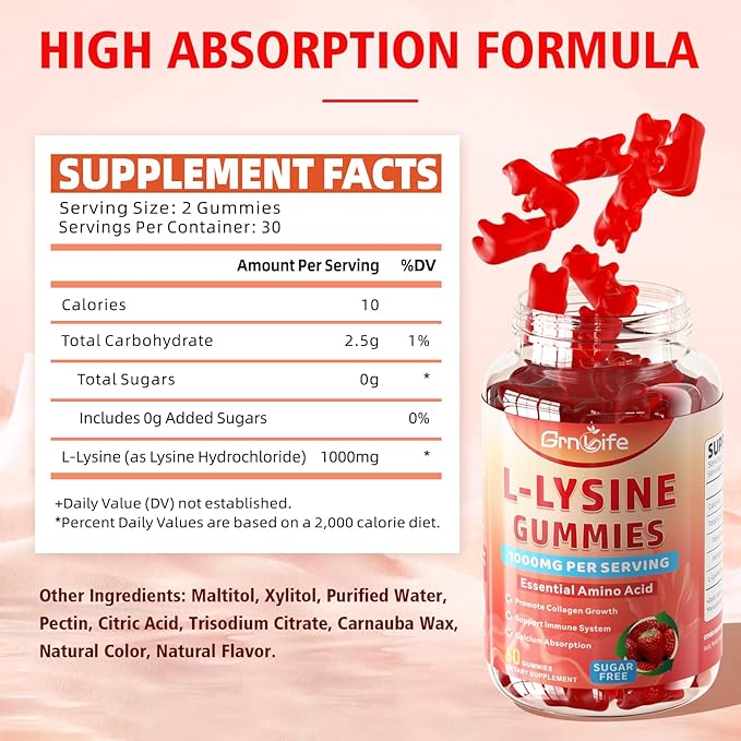 L-Lysine 1000mg Gummies, Chewable Lysine Supplement for Adults & Kids, Essential Amino Acid Supplement for Immune Support, Collagen Formation Support, Strawberry, 60 Count