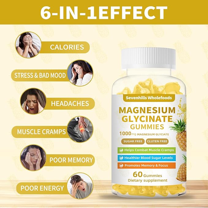 Magnesium Glycinate Gummies 1000mg - Sugar Free Magnesium Potassium Supplement for Relaxation, Calm, Stress Relief, and Sleep Support for Adults & Kids - 60 Pineapple Gummies