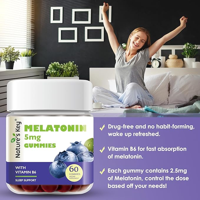 Nature's Key Melatonin Gummies for Kids & Adults, 5mg Dose Gummy with Vitamin B6, Non-GMO,Gluten-Free-Natural Blueberry Flavor 60 Count