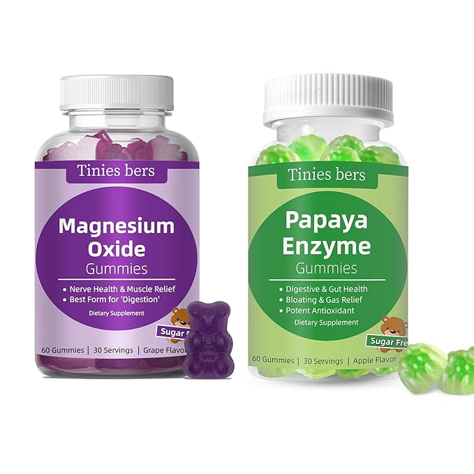 Tinies bers Papaya Enzyme Gummies and Magnesium Oxide Gummies, Digestive Health for Adults & Kids, Vegan, Sugar Free, Non-GMO, Pectin