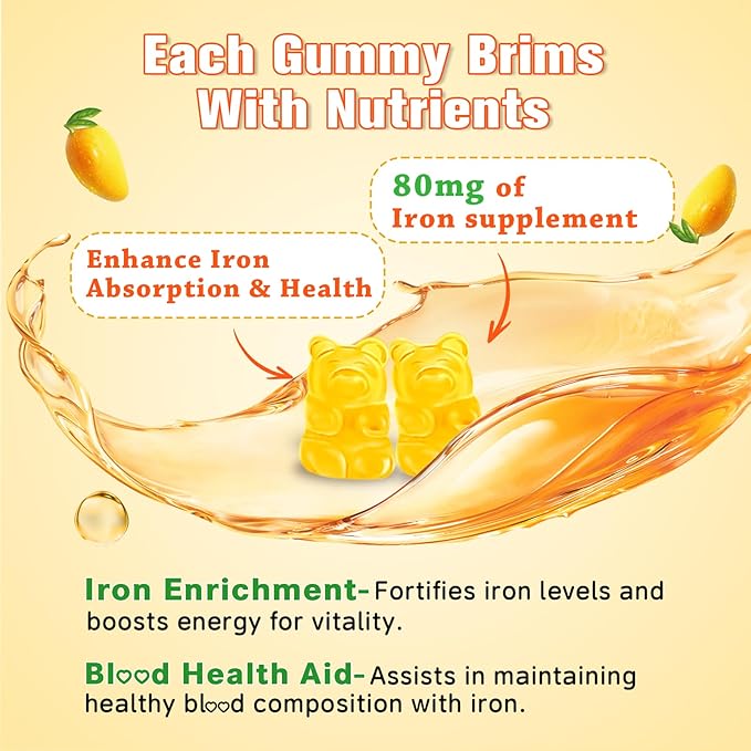 Iron Gummies for Women & Men - Vegan Iron Supplement for Anemia & Iron Deficiency, with Vitamin B12, Vitamin C, Zinc, Folate - Energy Boost, Sugar-Free, Mango Flavor, 60 Count