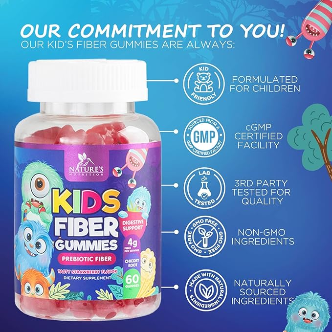 Fiber Gummies for Kids, Daily 4g Gummy Fiber Supplement, Prebiotic Digestive Health Support - Nature's Plant Based Soluble Fiber, Supports Regularity & Digestion for Kids Non-GMO - 60 Gummies
