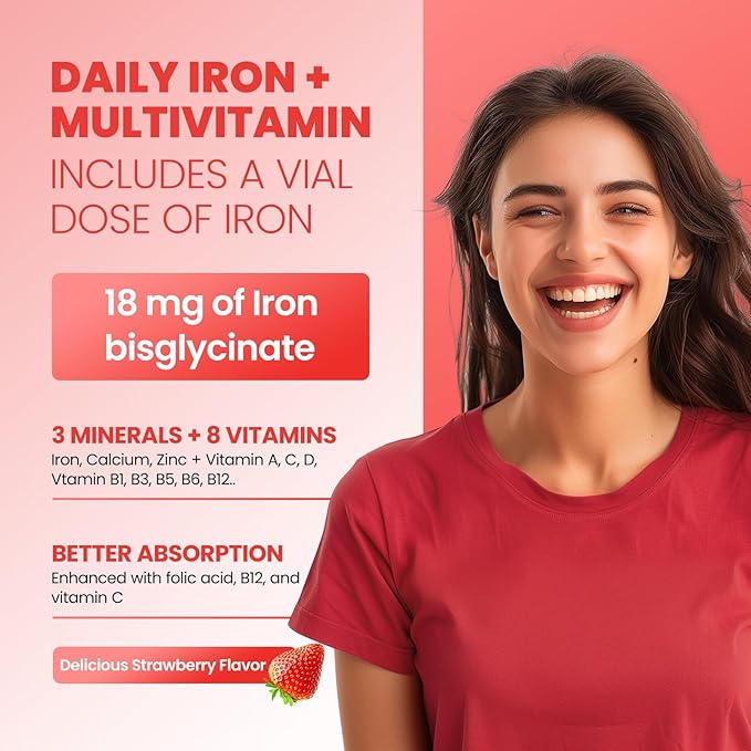 Iron Gummies for Women & Kids - Iron Supplement Gummies with Multivitamin for Blood Builder, Energy, Iron Deficiency & Anemia - Sugar Free Strawberry 58 ct