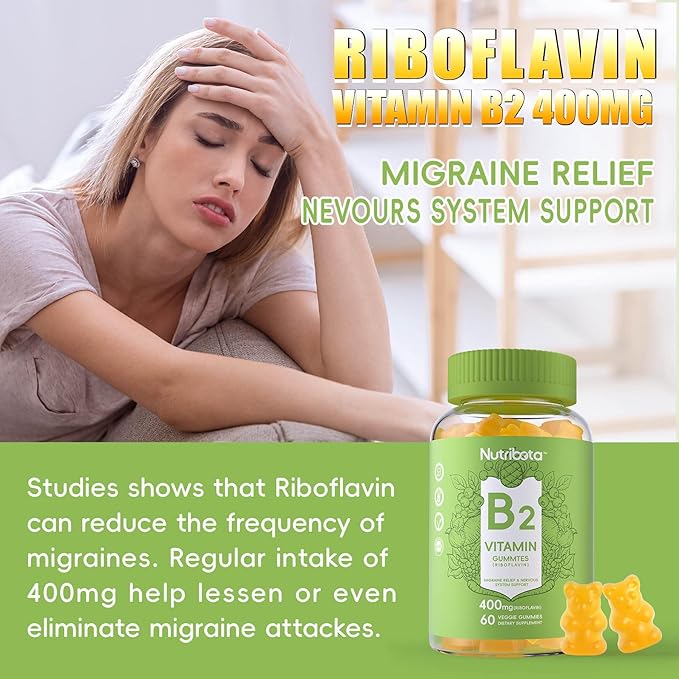 Sugar Free Vitamin B2 Gummies- Riboflavin 400mg 200mg with Magnesium, CoQ10 for Adults & Kids, Vegan, 60 Count