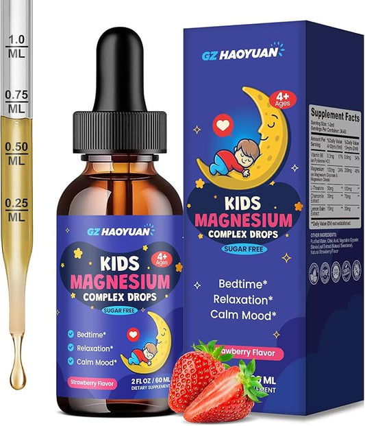 Kids Magnesium Liquid Drops - Magnesium Glycinate Drops for Kids, Citrate Liquid with L-theanine, Chamomile & Vitamin B6 for Sleep, Relaxation, Calm & Focus - Strawberry Flavor, 2 Fl Oz