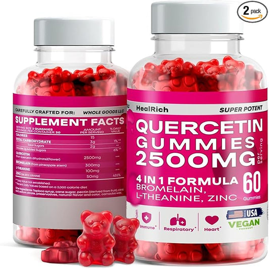 Quercetin Gummies - 2500MG Quercetin with Bromelain L-theanine & Zinc - Pure Supplement for Immune System Lung and Allergy Support - Immunity Booster Vegan Supplements for Kids & Adults - 2 Pack
