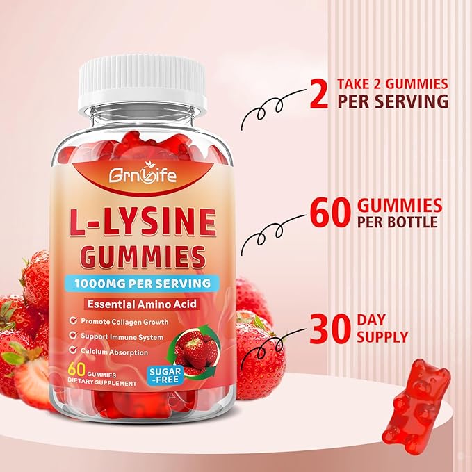 L-Lysine 1000mg Gummies, Chewable Lysine Supplement for Adults & Kids, Essential Amino Acid Supplement for Immune Support, Collagen Formation Support, Strawberry, 60 Count