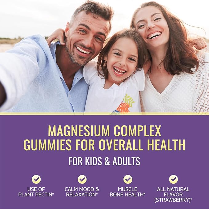 Magnesium Complex Gummies for Kids & Adults- Calm Chewable Gummies- Magnesium Glycinate, Taurate, Citrate, Malate, Supplement-Support Calm Stress Relief, Mood Vegan, Strawberry Flavor, 60 Gummies