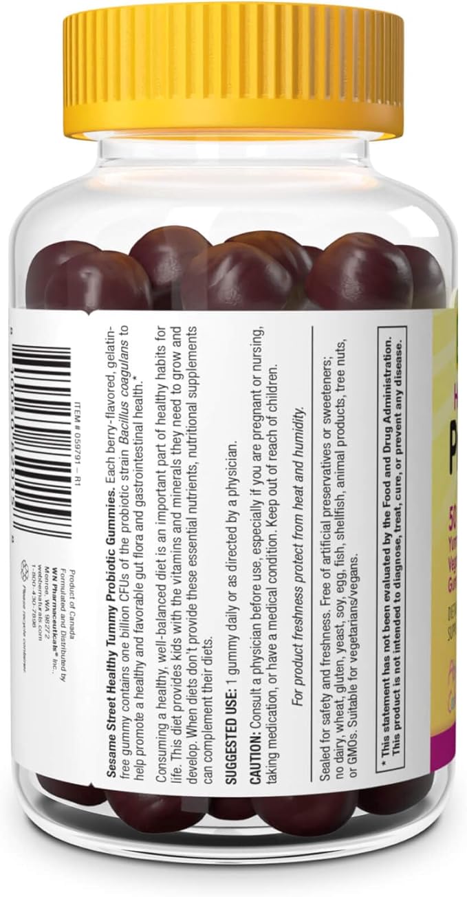 Webber Naturals Sesame Street Healthy Tummy Probiotics for Kids, 1 Billion Active Cells per Gummy, 50 Gummies, for Digestive Health, Free of Gluten, Dairy, Peanut & Gelatin, Vegan
