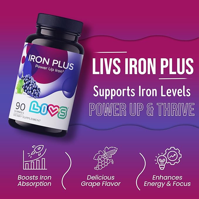 Iron Gummies with Vitamin C for Women, Men & Kids | Chewable Supplement as Gummy with Vitamin B12, B3,B5,B6, Folate & Zinc | Energy Support, Non GMO & Gluten Free | 20mg Iron/Dose -90 Count