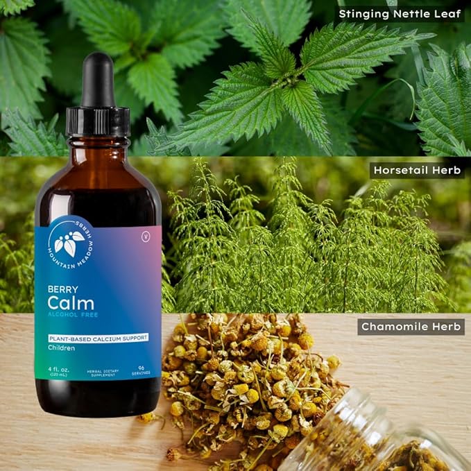 Mountain Meadow Herbs Berry Calm for Kids | Great Tasting Herbal Calcium Supplement for Strong Bones & Teeth | Improves Focus and Relaxation | 4 Oz