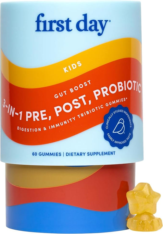 FIRST DAY Kids 3-in-1 Probiotic Gummies – Prebiotic + Probiotic + Postbiotic Supplement – Supports Digestive & Oral Health, Immune Function & Energy Levels – 30-Day Supply