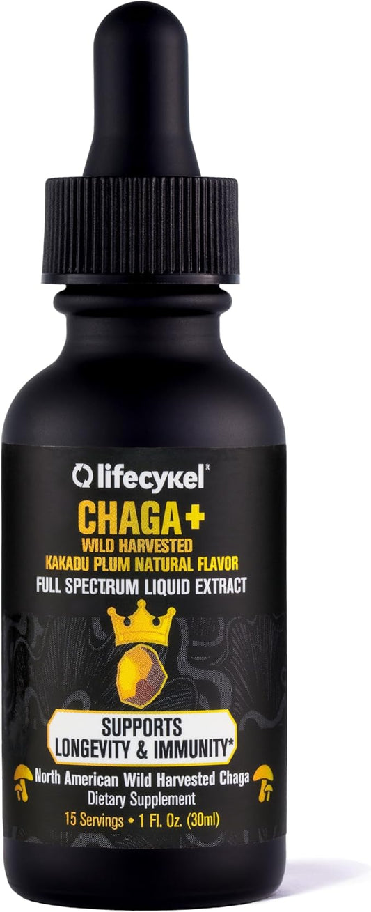 Lifecykel - Organic Chaga Mushroom Extract with Kakadu Plum - Double Extracted Mushroom Tincture - Non-GMO Immune Support Supplement for Adults and Kids - 1 Fl Oz