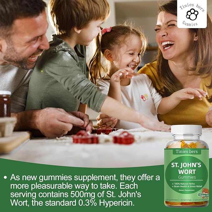 St John's Wort Gummies 500mg, Sugar Free Gummies for Adults Kids, Best Herbs Gummies for Brain and Stress Relief, Non-GMO, Gulten Free, Vegan, Pectin, 60