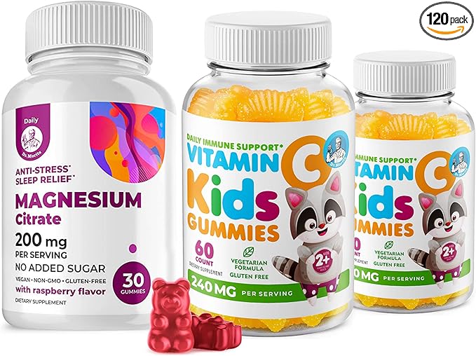 Vitamin C Gummies 120 count for Kids & Adults 240 mg and Magnesium 200 mg Gummies - Immune Support Low-Sugar Chewable Gummy Vitamins for Toddlers with Magnesium Calm Chews for Kids & Adults Sugar-Free