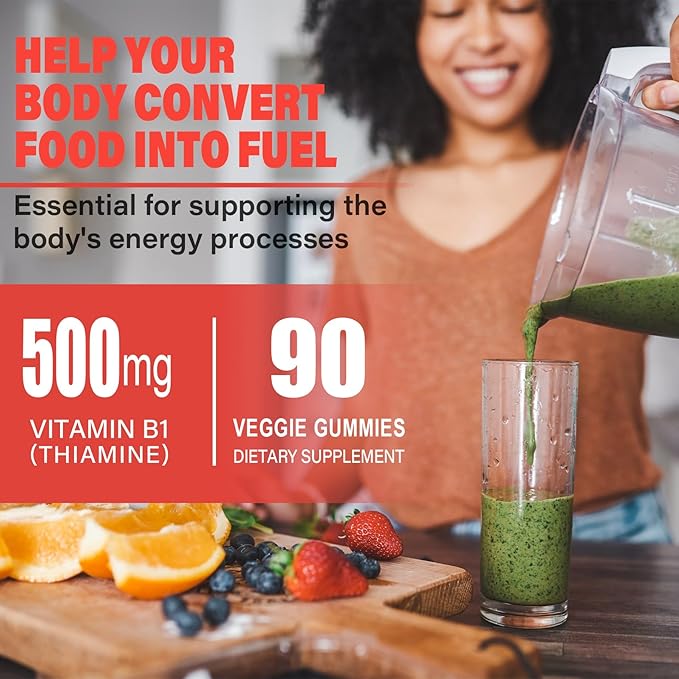 Sugar Free Vitamin B1 Gummies 500mg- Thiamine B1 Supplement for Adults & Kids- Natural Mixed Berries Flavor, Vegan, 90 chewable Gummies