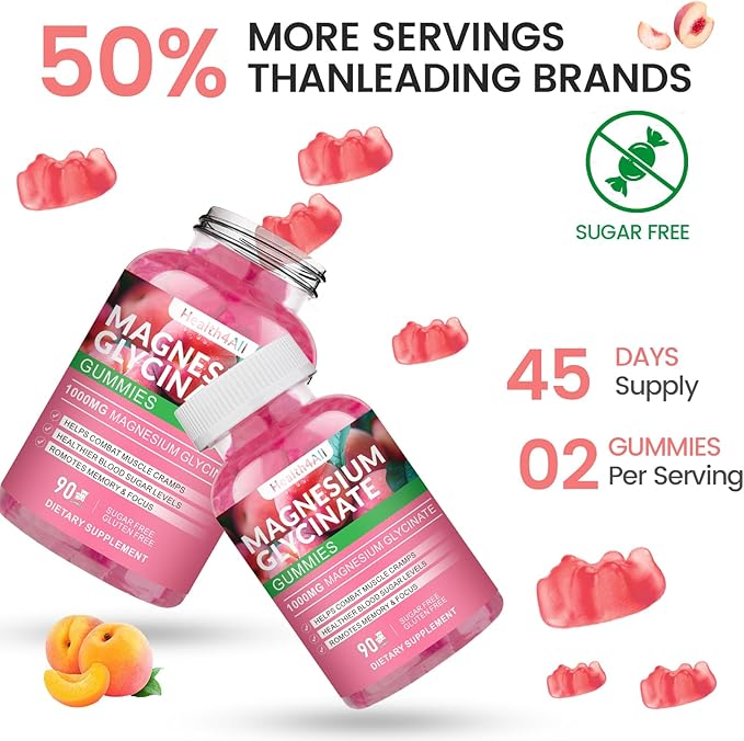 Magnesium Glycinate Gummies 1000mg, High Absorption Sugar Free Magnesium Potassium Supplement for Relaxation, Stress Relief, and Sleep Support for Adults & Kids - 90 Peach Gummies