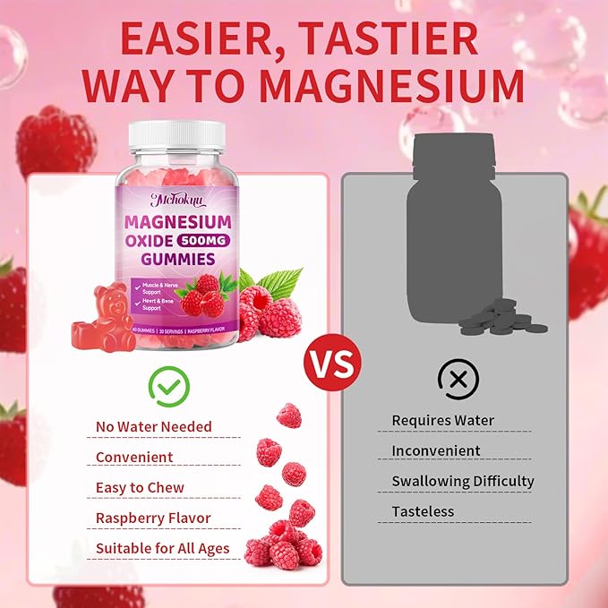 Magnesium Oxide Gummies 500mg, Sugar Free Chewable Magnesium Oxide Supplement for Adults & Kids, Nerve Support & Energy Boost, Non-GMO, Raspberry Flavor, 60 Count
