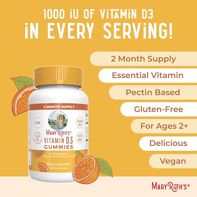 Vitamin D3 Gummies | 2 Month Supply | Adults & Kids Vitamin D Gummies | Immune Support Supplement | Vitamin D3 1000IU for Bone Health & Muscle Function | Vegan | Non-GMO | Gluten Free | 60 Count