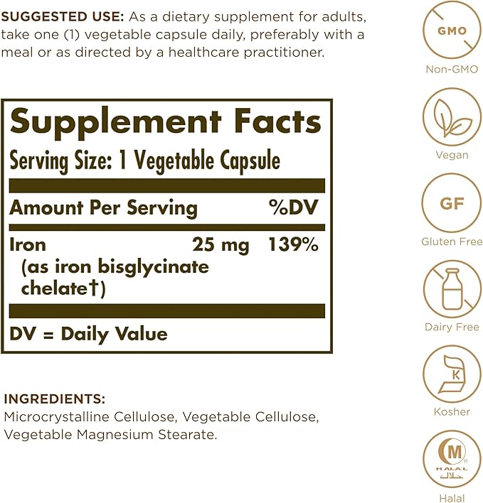Solgar Gentle Iron (Iron Bisglycinate) 25 mg - 180 Vegetable Capsules, Pack of 2 - Non-Constipating, Gentle on Your Stomach - Non-GMO, Gluten Free - 360 Total Servings