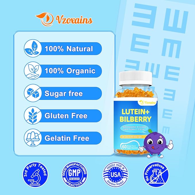 20mg Lutein & Zeaxanthin Gummies with Bilberry, Astaxanthin, Omega 3, Vitamin C, E - Sugar Free Eye Health Supplement for Adults & Kids - Dry Eye Relief, Vision Clarity, Macular Support