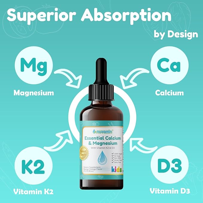 Nuvamin – Liquid Calcium & Magnesium Drops for Baby, Toddlers, Kids, & Adults, 2Fl.Oz (60ml), 30 Daily Servings. Great Taste - All Natural - Vegan - Superior Absorption