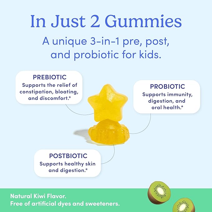 FIRST DAY Kids 3-in-1 Probiotic Gummies – Prebiotic + Probiotic + Postbiotic Supplement – Supports Digestive & Oral Health, Immune Function & Energy Levels – 30-Day Supply