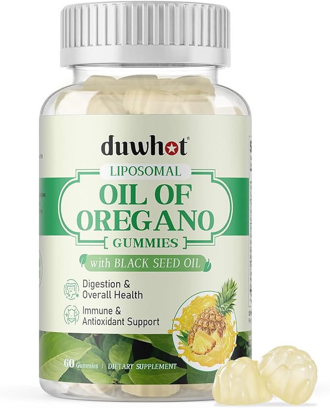Liposomal Oregano Oil Gummies, Organic Chewable Oil of Oregano with Black Seed Oil for Kids & Adults, Immune System & Gut Health, Natural Pineapple Flavor, 60 Count