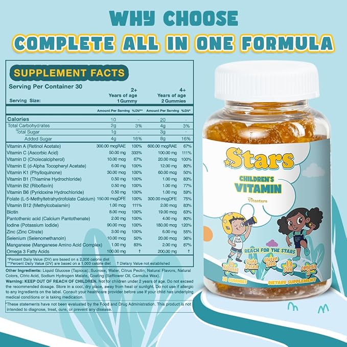 Stars Kids Multivitamin Gummies with Omega 3, Vitamins for Kids with A, B, C, D, Plant Based Multi Vitamins for Children, Manganese, 60 Star-Shaped Multivitamin for Kids, Gluten-Free Gummy Vitamins